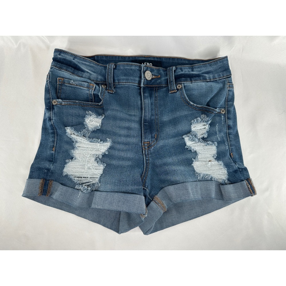 Aeropostale Denim Shorts Womens 6 Blue Distressed High Rise Midi Cuffed Summer